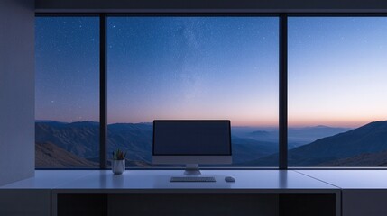 Serene Workspace with Scenic Mountain View and Starry Sky