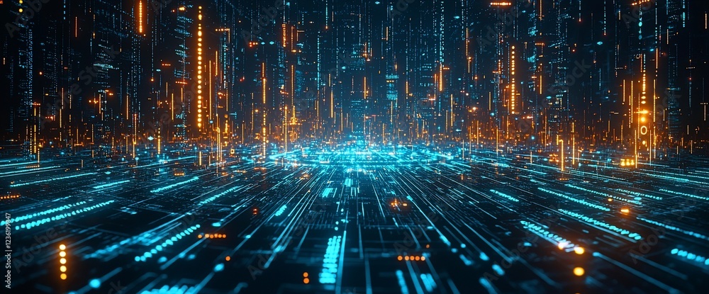 Poster futuristic digital cityscape with glowing lines and data streams.