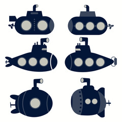 Set of dark blue submarines on white background
