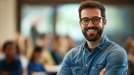 Obraz premium Man with glasses smiling in classroom, engaged in learning with diverse students. Positive atmosphere, education, teamwork, and personal development in focus.
