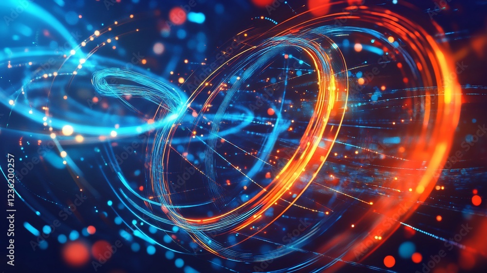 Poster abstract digital art featuring intertwined glowing circles and particle effects on dark background