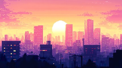 Fototapeta premium Sunset cityscape, buildings illuminated, peaceful evening, urban skyline, digital art, website background