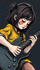 Obraz premium Closeup of girl playing on guitar on dark grunge background, hand-drawn digital illustration. isolated with white shades