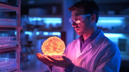 A scientist holding a glowing AI model in a lab.