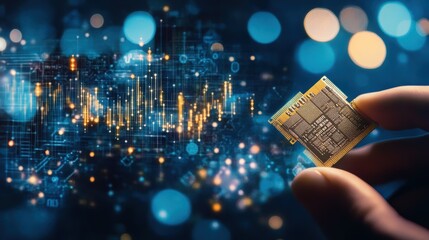 Microchip held by hand with abstract digital background, showcasing technology, data analysis, semiconductor innovation, and advancements in electronics industry.