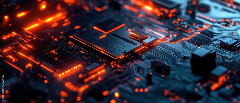 Poster microprocessor, illuminated circuit board with glowing orange lights showcasing advanced technology,