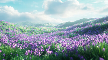 Fototapeta premium Lavender field stretching across rolling green hills under bright sky