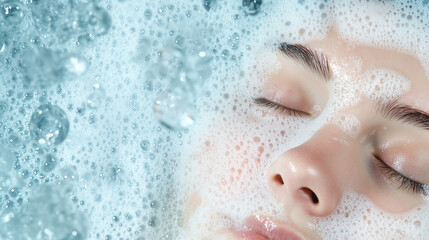 Fototapeta premium A young woman gently cleansing her face with foam, with water droplets adding freshness. Perfect for skincare, beauty, and wellness concepts.