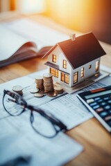 Model house, stacks of coins, calculator, and financial documents on a wooden desk, representing real estate investment, mortgage planning, and financial growth strategies.