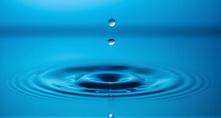 Water Droplets Falling into Blue Water, Creating Ripples