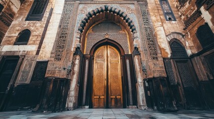 Ornate wooden doors, Cairo mosque, ancient architecture, sunlight, travel