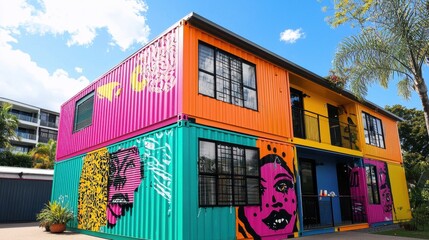 Obraz premium Vibrant Street Art on Colorful Shipping Container House Exterior
