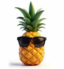 Cool 3D Pineapple with Sunglasses, Fun and Playful Tropical Fruit on White Background
