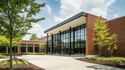 Modern corporate building exterior with large glass windows surrounded by green landscaping and trees, showcasing contemporary architectural design and urban environment.