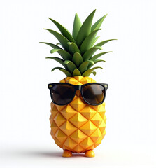 Cool 3D Pineapple with Sunglasses, Fun and Playful Tropical Fruit on White Background

