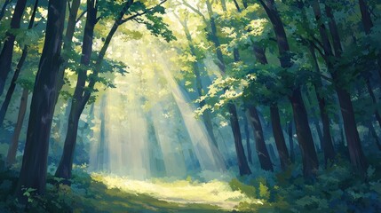 Naklejka premium Sunlight Filtering Through Lush Green Trees in Tranquil Forest