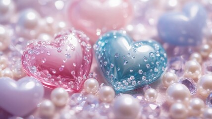 Fototapeta premium Colorful heart-shaped gems on pearls romantic setting macro photography soft focus love concept