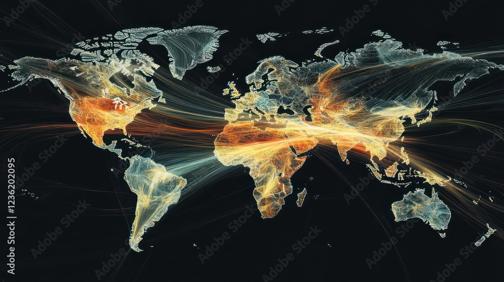 Poster global connectivity: a world map illustration of interconnected networks and flows