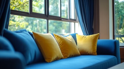 A Cozy Blue Sofa With Yellow Pillows Sits Near A Window With Blue Curtains, Bathed In Natural Sunlight. It'S A Relaxing And Peaceful Scene.