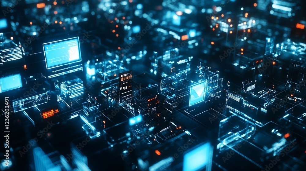 Aufkleber abstract technology background with illuminated circuit board and glowing displays