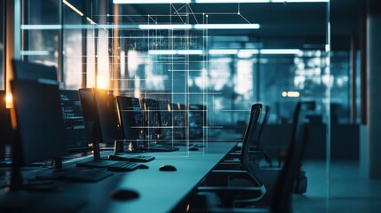 Modern office workspace with desk computers, glass walls, and ambient lighting for digital connectivity, teamwork, and productivity in the corporate environment.