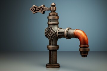 Studio shot of vintage faucet mixing copper and steel, showcasing intricate design and craftsmanship