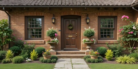 Picturesque rustic home with charming brick walls, wooden doors, and lush decorative plants