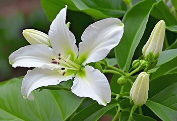 Fototapeta premium Blooming Persian Tobacco: A Vibrant White Flowering Plant in a Summer Garden