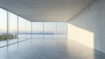Fototapeta premium A Minimalist Concrete Room With Expansive Windows Overlooking A Cityscape. Sunlit, Spacious, And Modern.