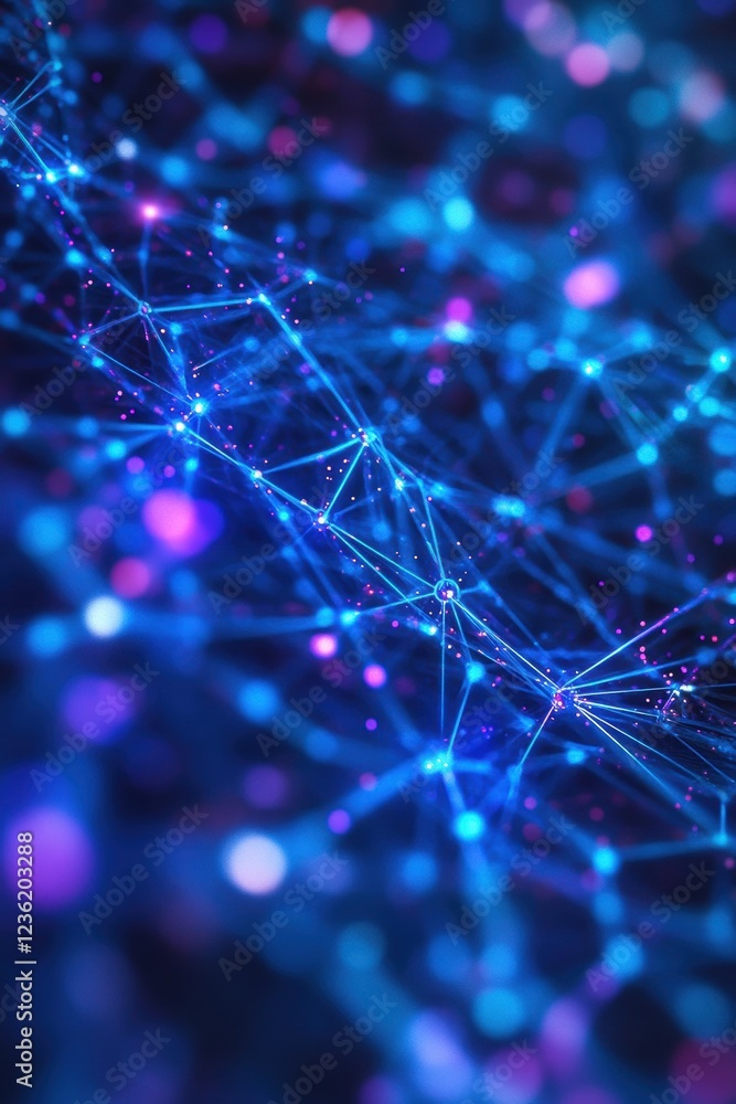 Poster network connections, digital data flow and vibrant blue lights representing technology, innovation a