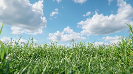 Obraz premium Lush green grass under a bright sunny sky; perfect for nature background