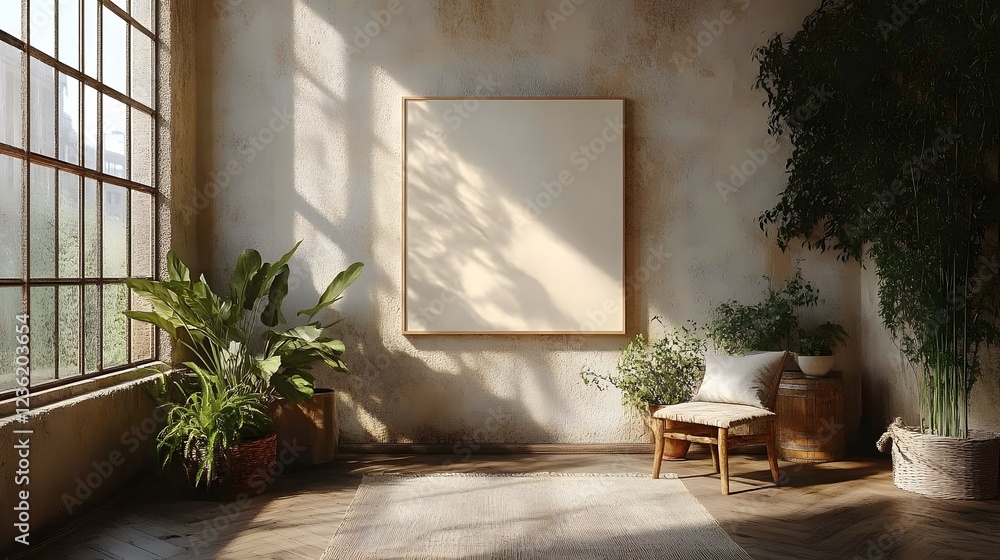 Aufkleber lightcolored minimalist interior showcasing canvas mockup rustic decor viewed a corner angle highlig