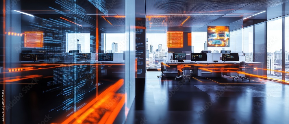 Poster office interior featuring advanced technology and workstations with large screens displaying data an