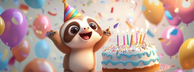 Fototapeta premium Cartoon sloth with cake. Selective focus