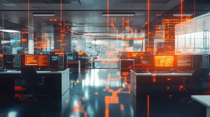 Fototapeta premium Office environment with high-tech computers displaying data analytics for business strategy development. Digital workspace for finance and technology analysis.