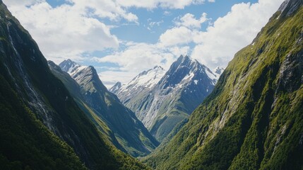 Naklejka premium Majestic Mountain Landscape with Lush Green Valleys and Clouds