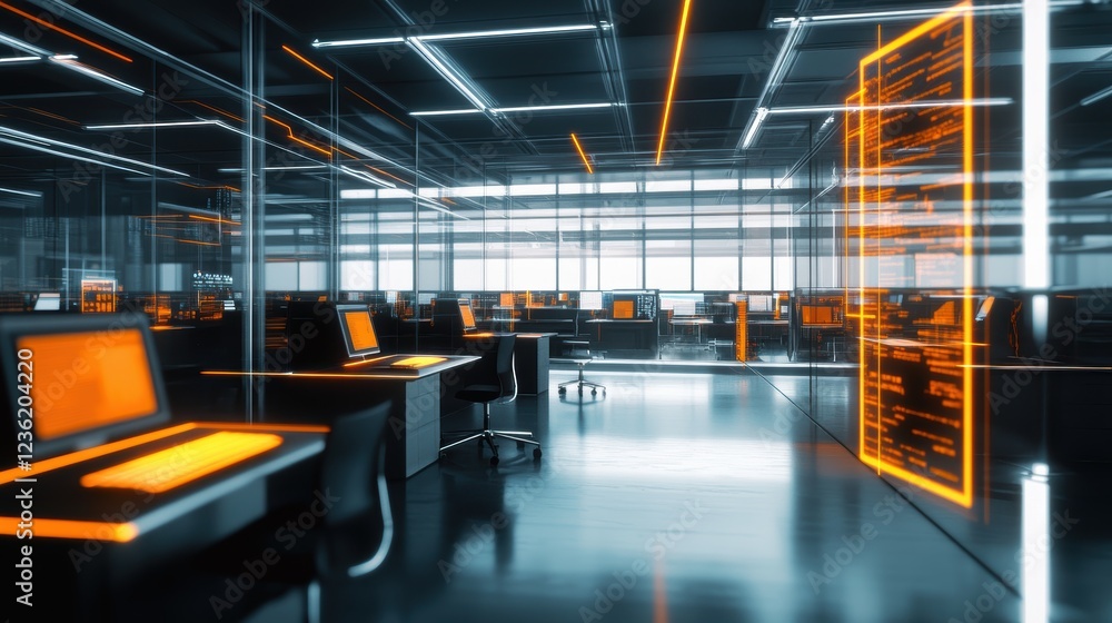 Poster office space with modern computer desks, illuminated with orange accents, showcasing a digital envir