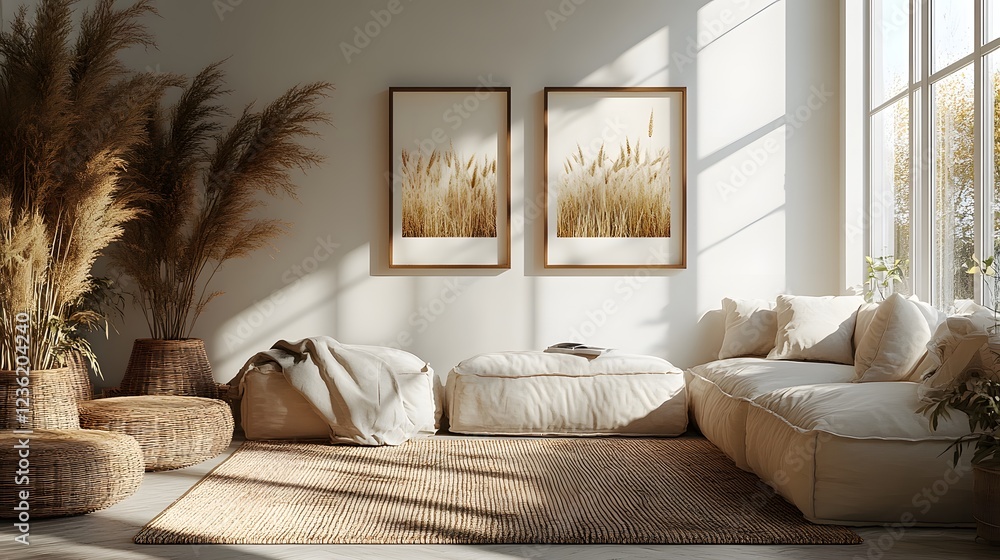 Aufkleber lightcolored minimalist interior showcasing canvas mockup rustic decor viewed a corner angle highlig