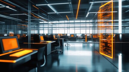 Office space with modern computer desks, illuminated with orange accents, showcasing a digital environment for tech development and collaborative teamwork.