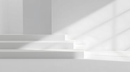 Fototapeta premium Bright white interior with soft shadows created by sunlight streaming through large windows in a minimalist space