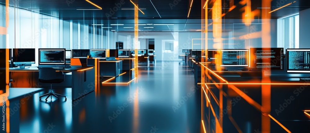 Aufkleber office workspace with modern computers and sleek design, emphasizing technology, productivity, and c