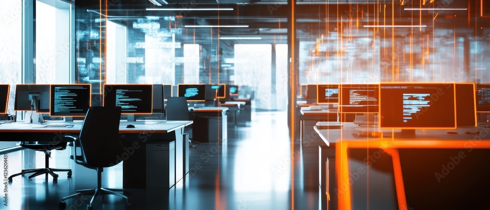 Poster office workspace with modern computers and digital interfaces, representing innovation, technology, 