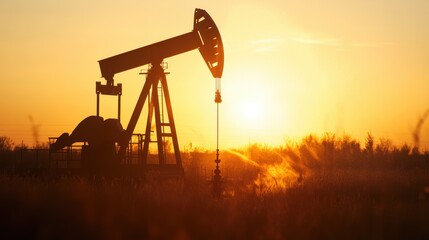 Oil pump jack silhouetted against a sunset, symbolizing energy production, natural resources, and the oil industry in rural settings. Hydraulic equipment, drilling, and extraction.
