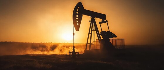 Oil pump jack silhouette against sunset, representing energy production and natural resources in the petroleum industry. Fossil fuels and economic impact.
