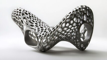 Abstract 3D-printed metal sculpture with intricate lattice structure.