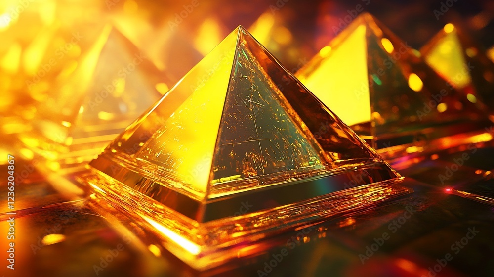Poster golden pyramids glowing with sunlight abstract background with reflection
