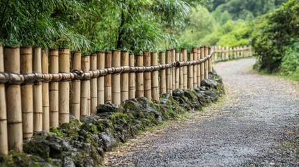 A bamboo fence along a scenic pathway, adding rustic charm to the landscape.