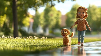 Cartoon girl with a dog. Selective focus