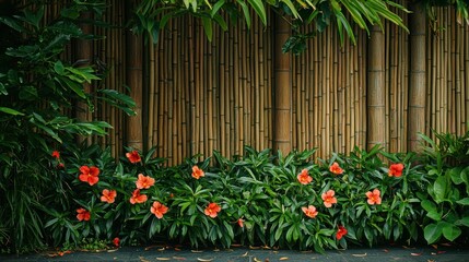 Fototapeta premium A bamboo fence with flowering plants growing along its base, creating a serene atmosphere.