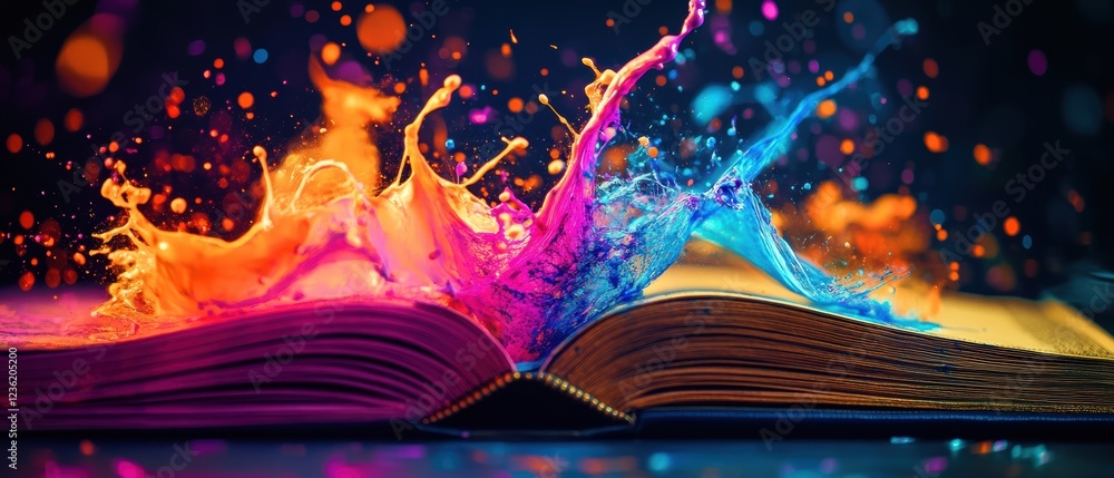 Poster open book with colorful splashes of paint creating a vibrant and artistic scene, symbolizing creativ
